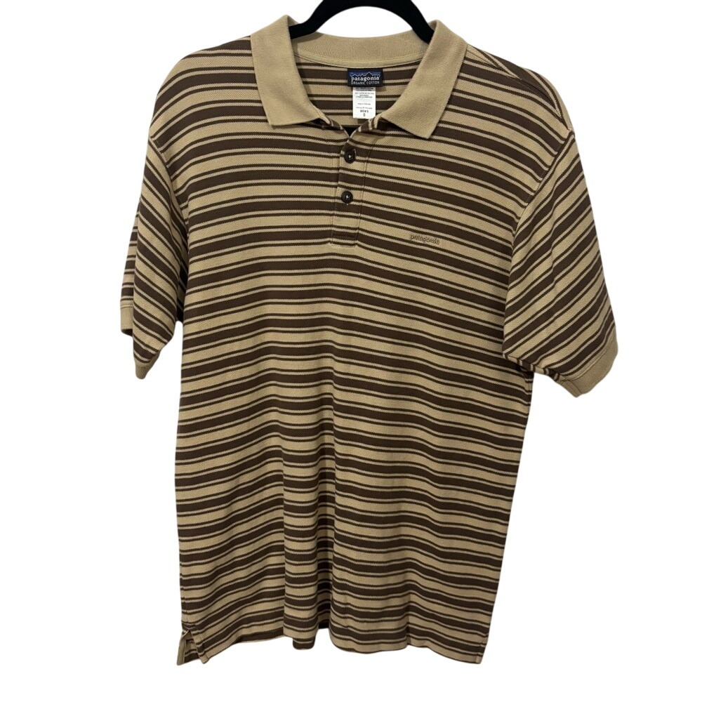 Patagonia Polo Shirt Mens Small Tan Brown Striped Organic Cotton Outdoor 52624S8